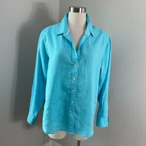 Tommy Bahama Womens Large Turquoise 100% Linen Button Up Shirt Blouse Top